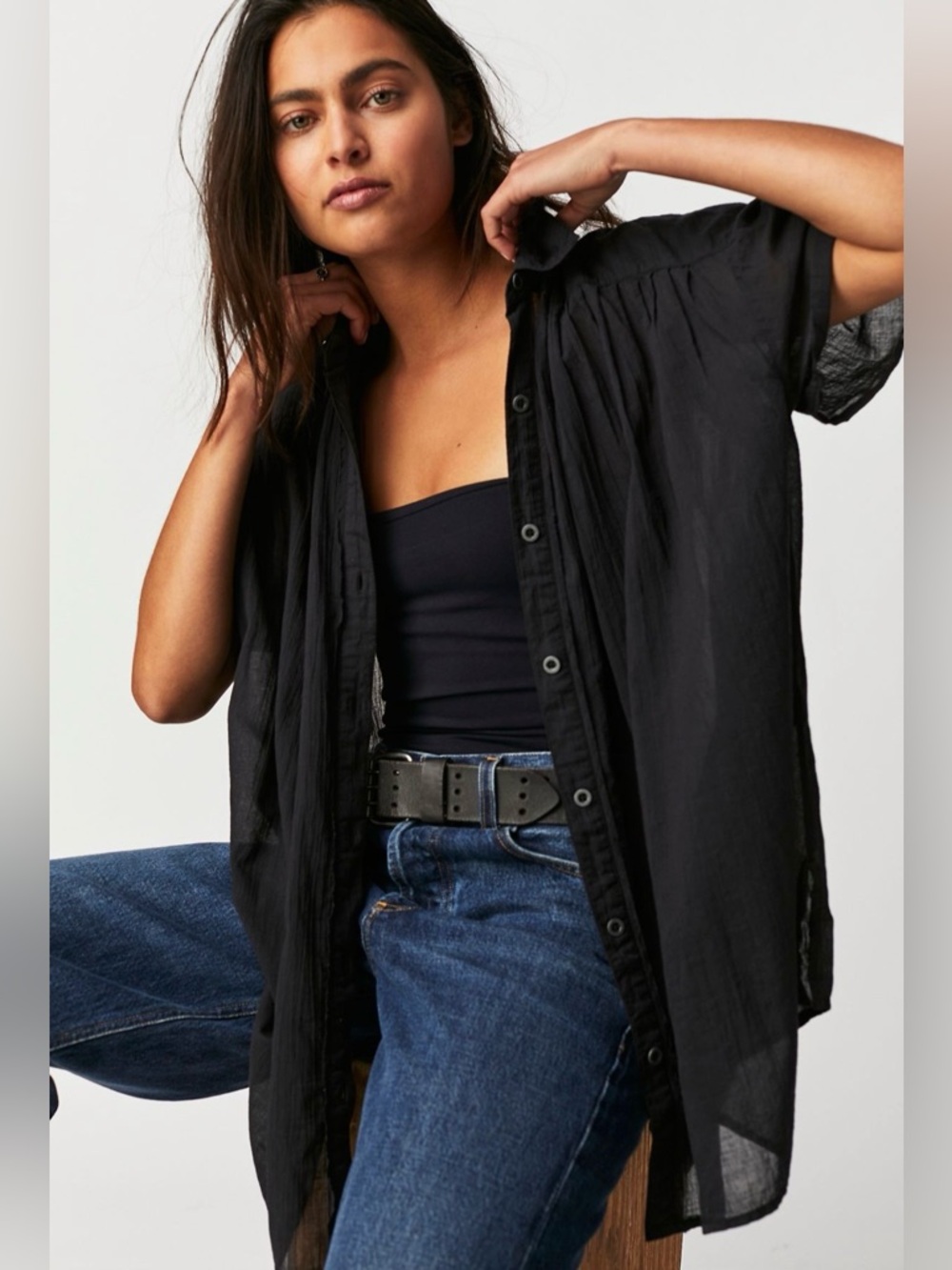 Free People | We The Free Float Away Shirt Black Sheer Button Front Top Small